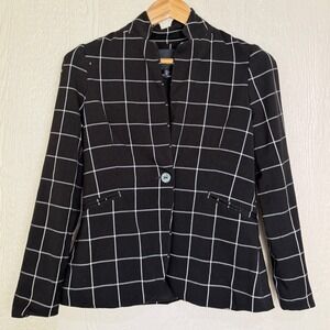 Mercer & Madison Womens Black White Windowpane Plaid Single Button Blazer Small